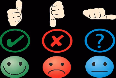 Thumbs up, thumbs down, and neutral hand gestures above green, red, and blue emoji faces.