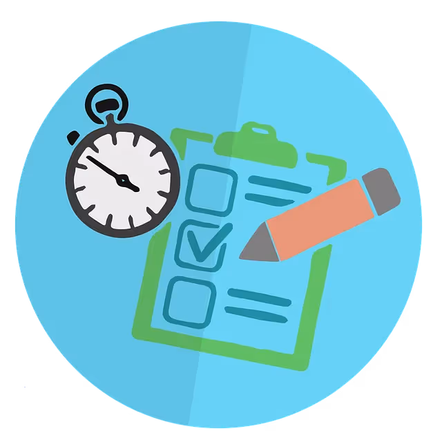 An illustrated icon showing a clipboard with a checklist, a pencil, and a stopwatch on a blue circular background.