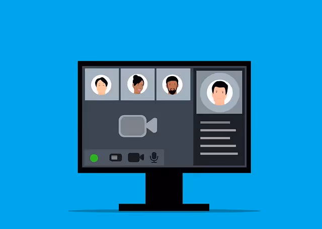 A computer screen displaying a video conference interface with participant icons and control buttons on a blue background.