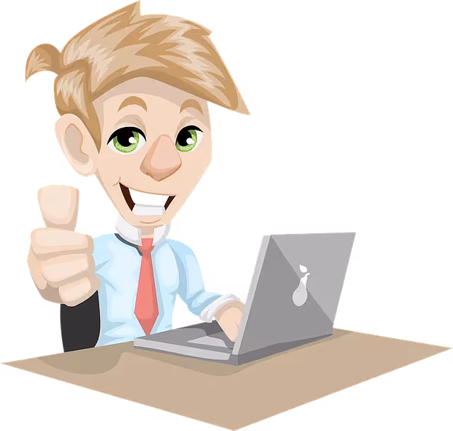 Friendly cartoon illustration of a man using a laptop and giving a thumbs-up gesture.