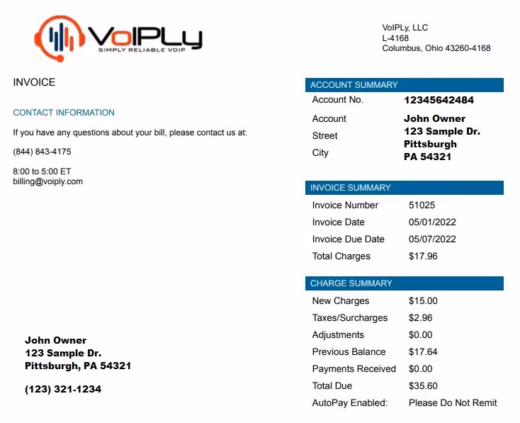 VoIPly invoice showing account summary, invoice details, charge summary, and customer contact information