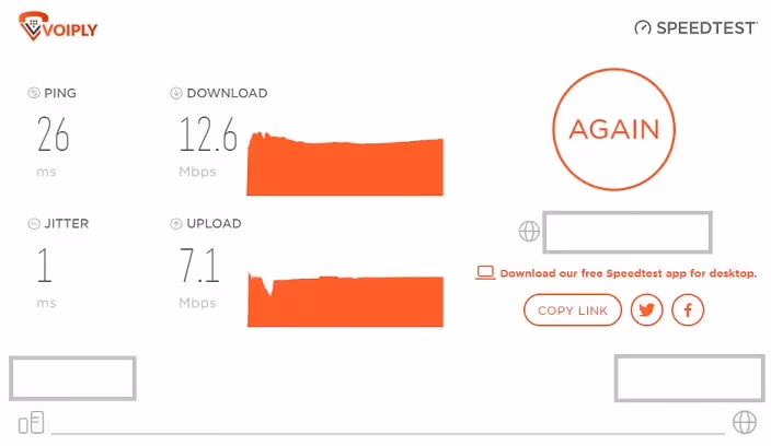 Speed test results showing 26 ms ping, 12.6 Mbps download speed, 1 ms jitter, and 7.1 Mbps upload speed, branded with the Voiply logo.