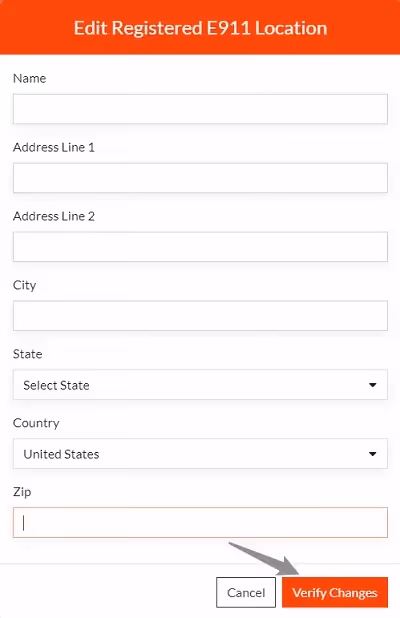 Form titled “Edit Registered E911 Location” showing fields for address details and a “Verify Changes” button.