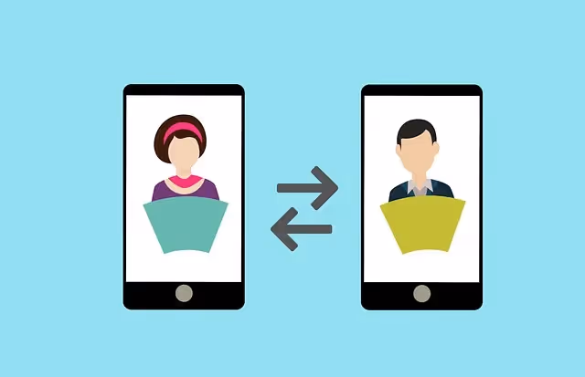 Illustration of two smartphones displaying avatars of a woman and a man with arrows between them indicating communication.