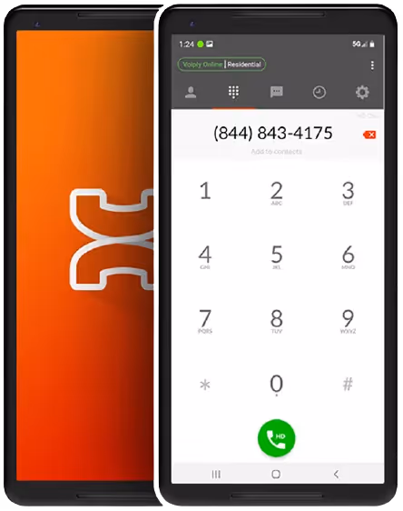 Two smartphones showing the Voiply app, one with the logo screen and the other with a numeric dial pad and phone number.