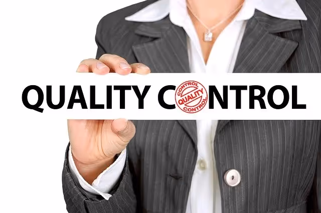 Person in a suit holding a strip of paper labeled “QUALITY CONTROL” with a red quality seal.