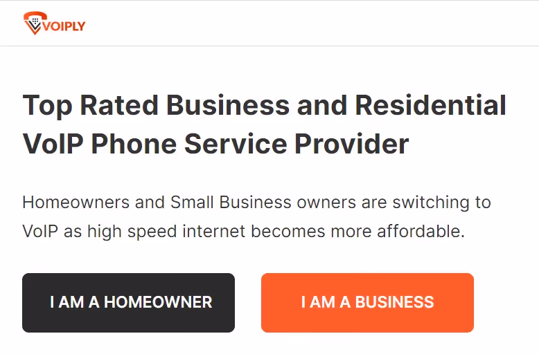 Voiply webpage showing homeowner vs business selection options for VoIP service.