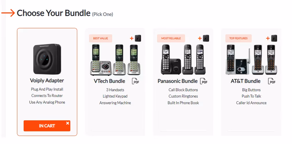 Voiply bundle selection page displaying Voiply Adapter, VTech bundle, Panasonic bundle, and AT&T bundle.