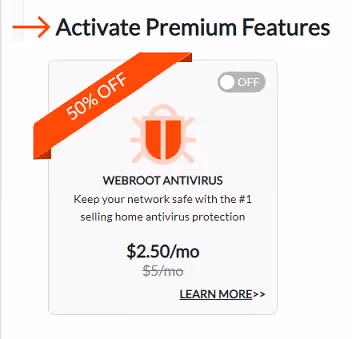Voiply premium features section showing Webroot Antivirus offer at a discounted price.
