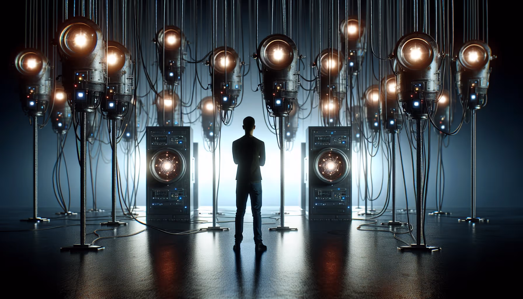 Illustration of a person surrounded by data collection devices representing privacy concerns