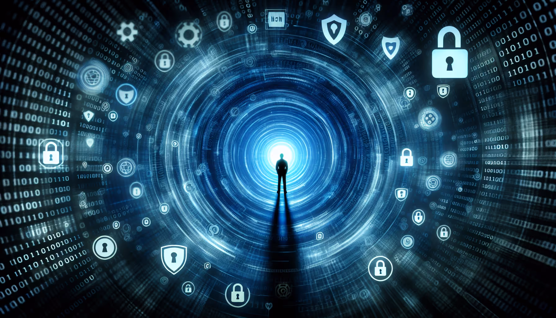 Illustration of a person surrounded by data symbols and locks, representing online privacy and personal data protection