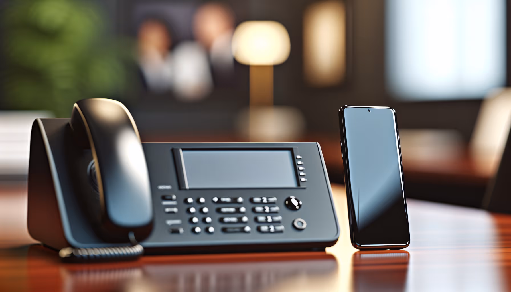 Photo of a professional desk phone and a mobile phone