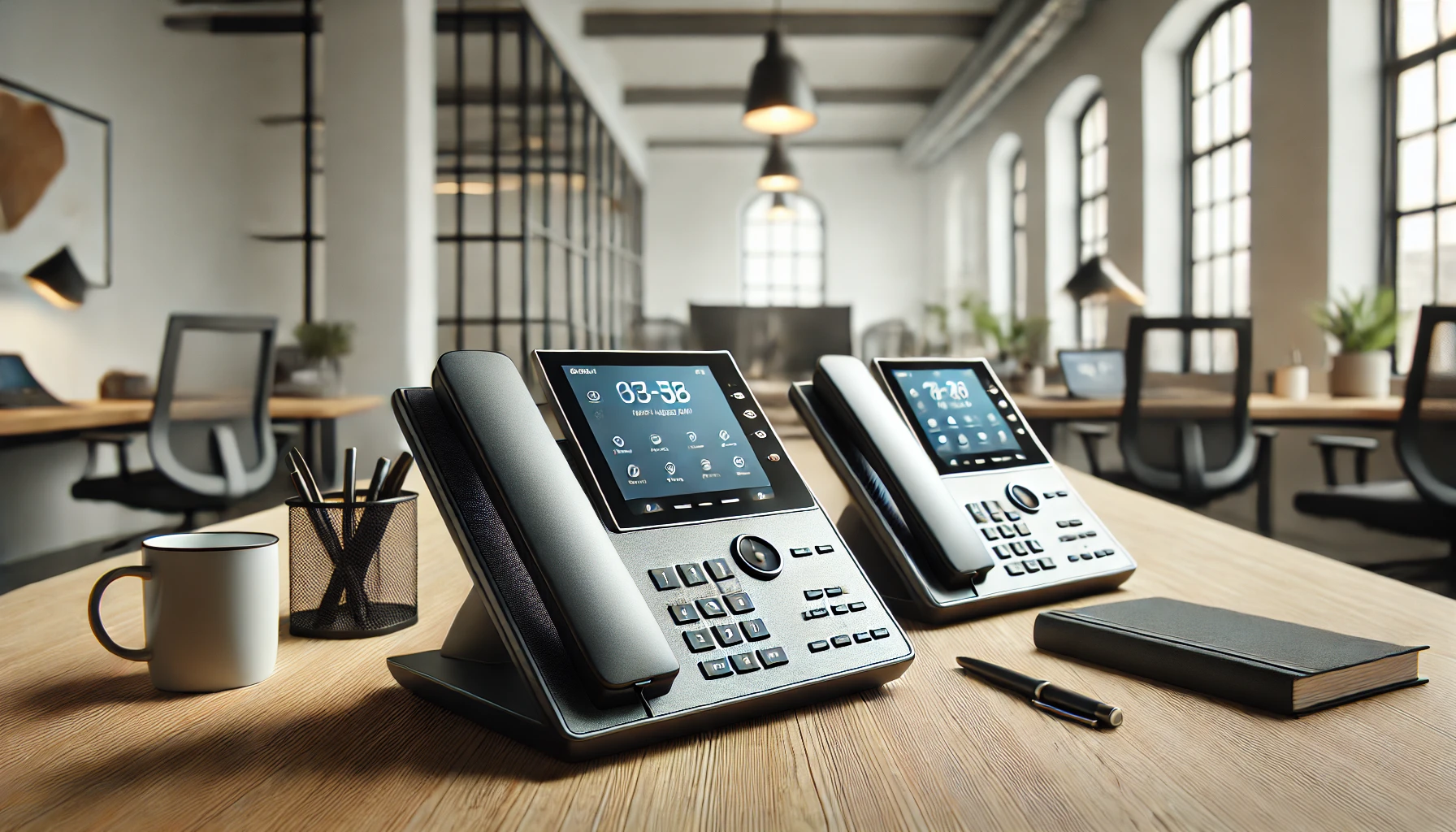 Two modern office desk phones with digital displays placed on a wooden table in a bright, open-plan workspace.