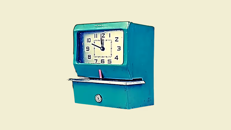 Vintage teal punch clock with an analog face displaying 10:10, set against a plain light background.