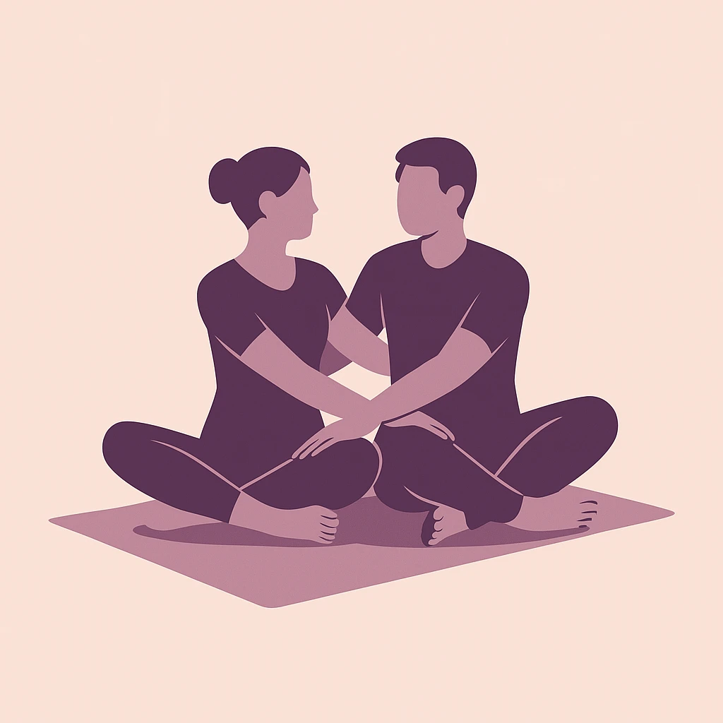 Posture yoga en couple torsion croisée
