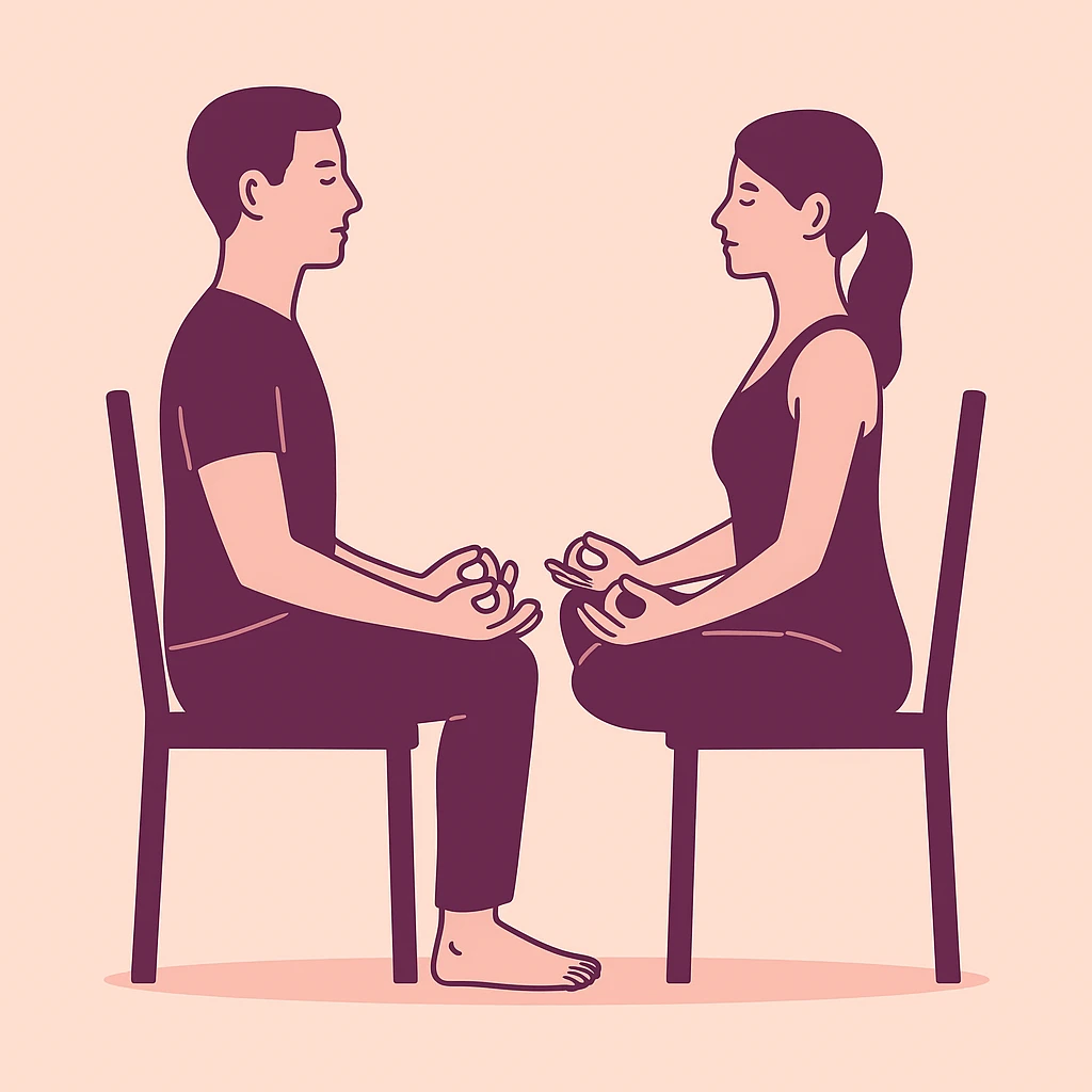 Couple en train de méditer assis sur une chaise face à face