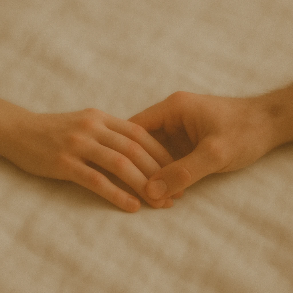 Mains d’un couple se touchant discrètement pour symboliser la confidence des fantasmes