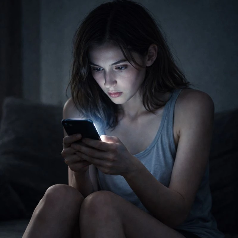 Personne éclairée par l’écran de son téléphone, illustrant la recherche de validation et l’impact des réseaux sociaux sur la sexualité.