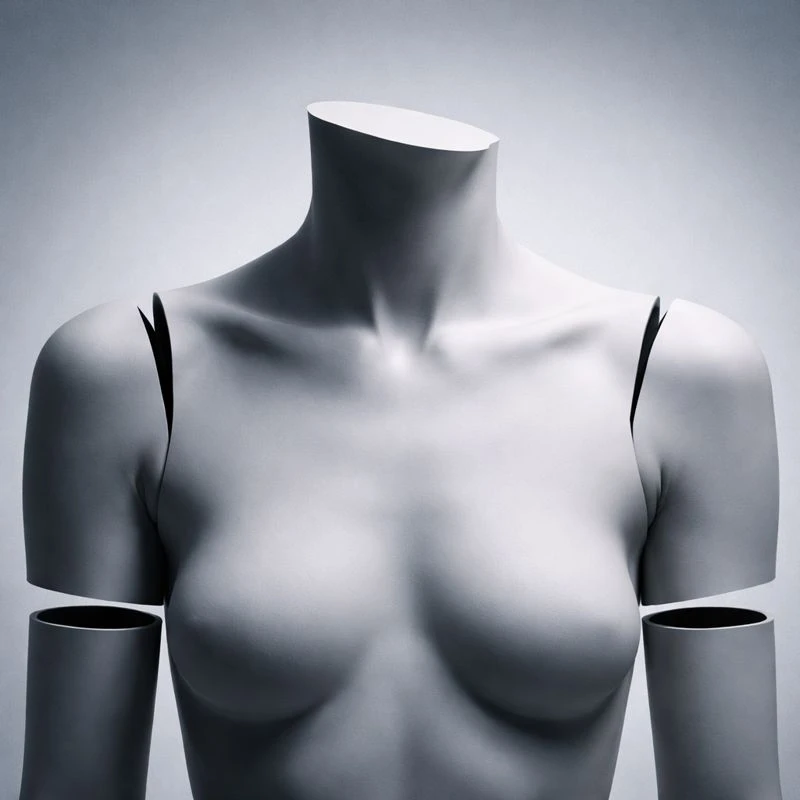 Corps fragmenté et figé, symbolisant la réduction du corps à une image dans l’hypersexualisation contemporaine.