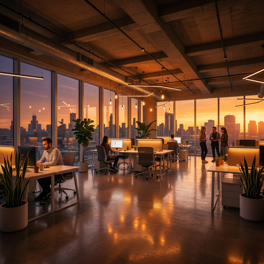 Commercial office at sunset powered by Cence