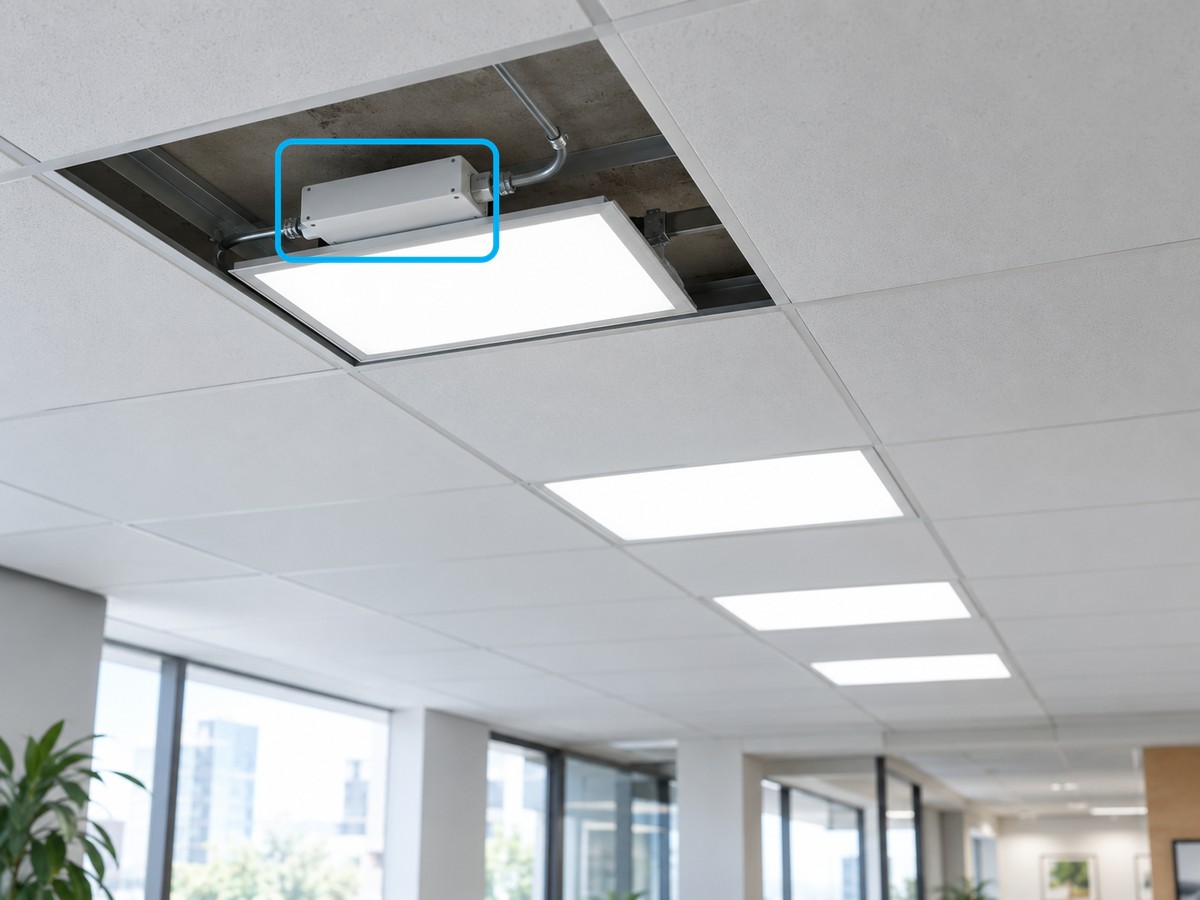 Office ceiling with an LED driver box mounted above a light fixture