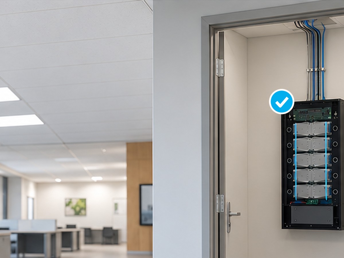Central power hub mounted in an electrical room feeding the office lighting