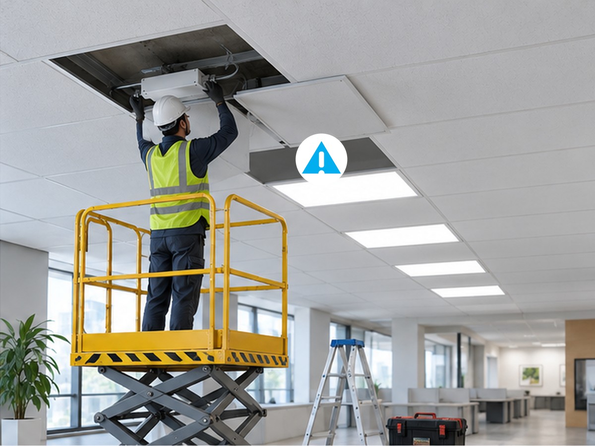 Technician on a scissor lift replacing a failed LED driver through an open ceiling tile