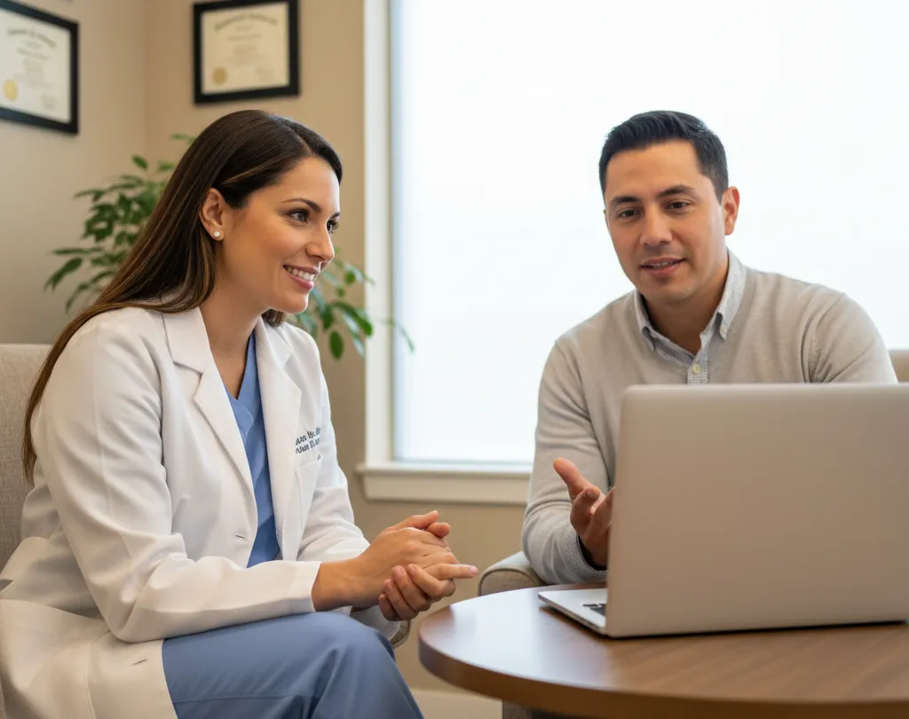 Female doctor in white coat and scrubs discussing with a man across a table, both looking at a laptop screen.