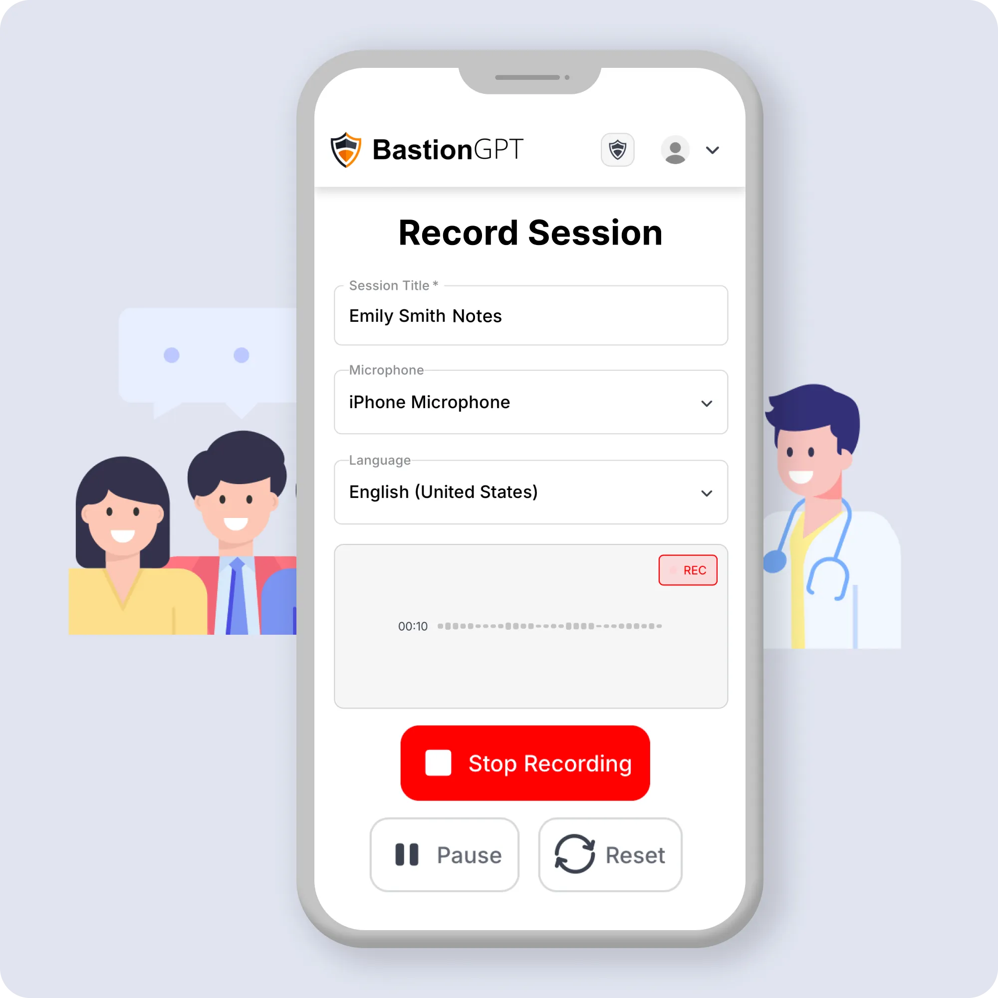 illustration of two people talking on left, doctor talking on right, all transposed behind bastiongpt record session screen open in phone