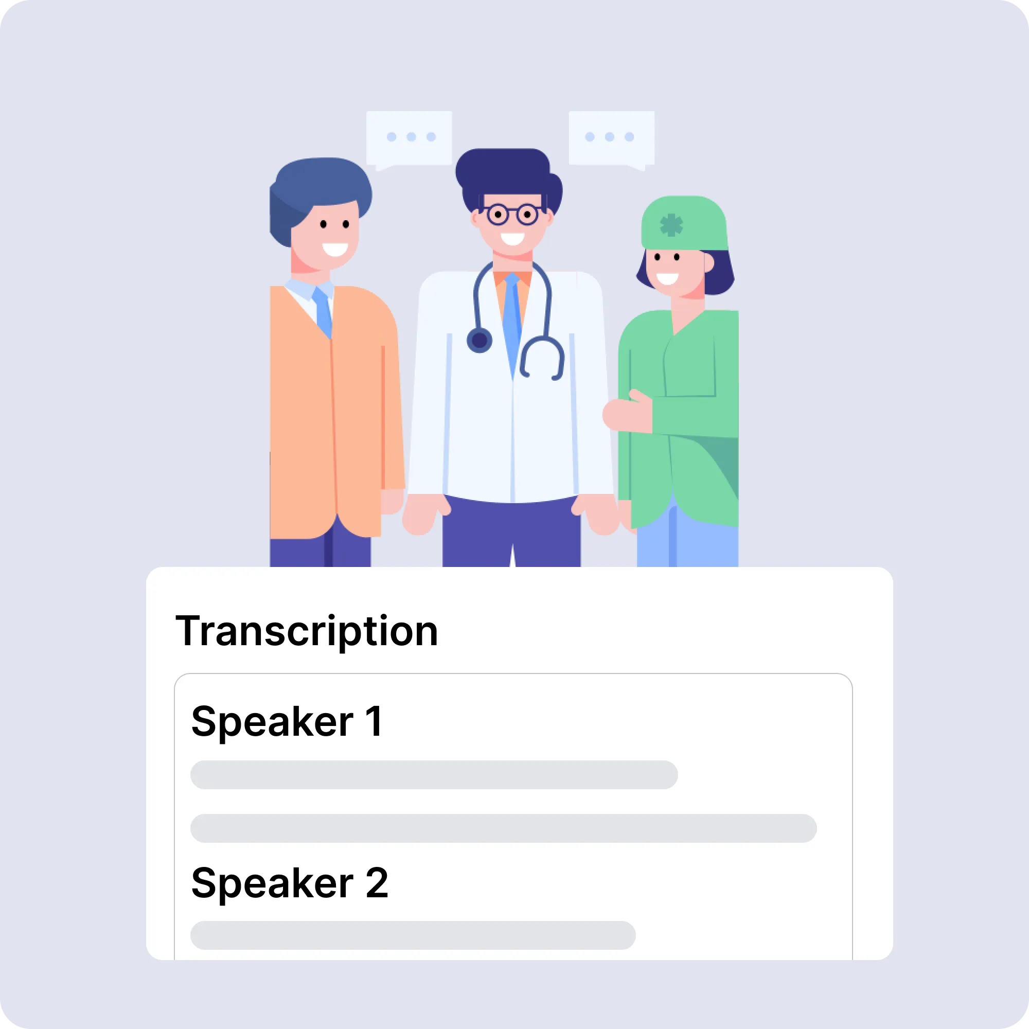 illustration of two doctors and pateitn speaking, transcription mockup with speaker 1 and speaker 2 distinguished