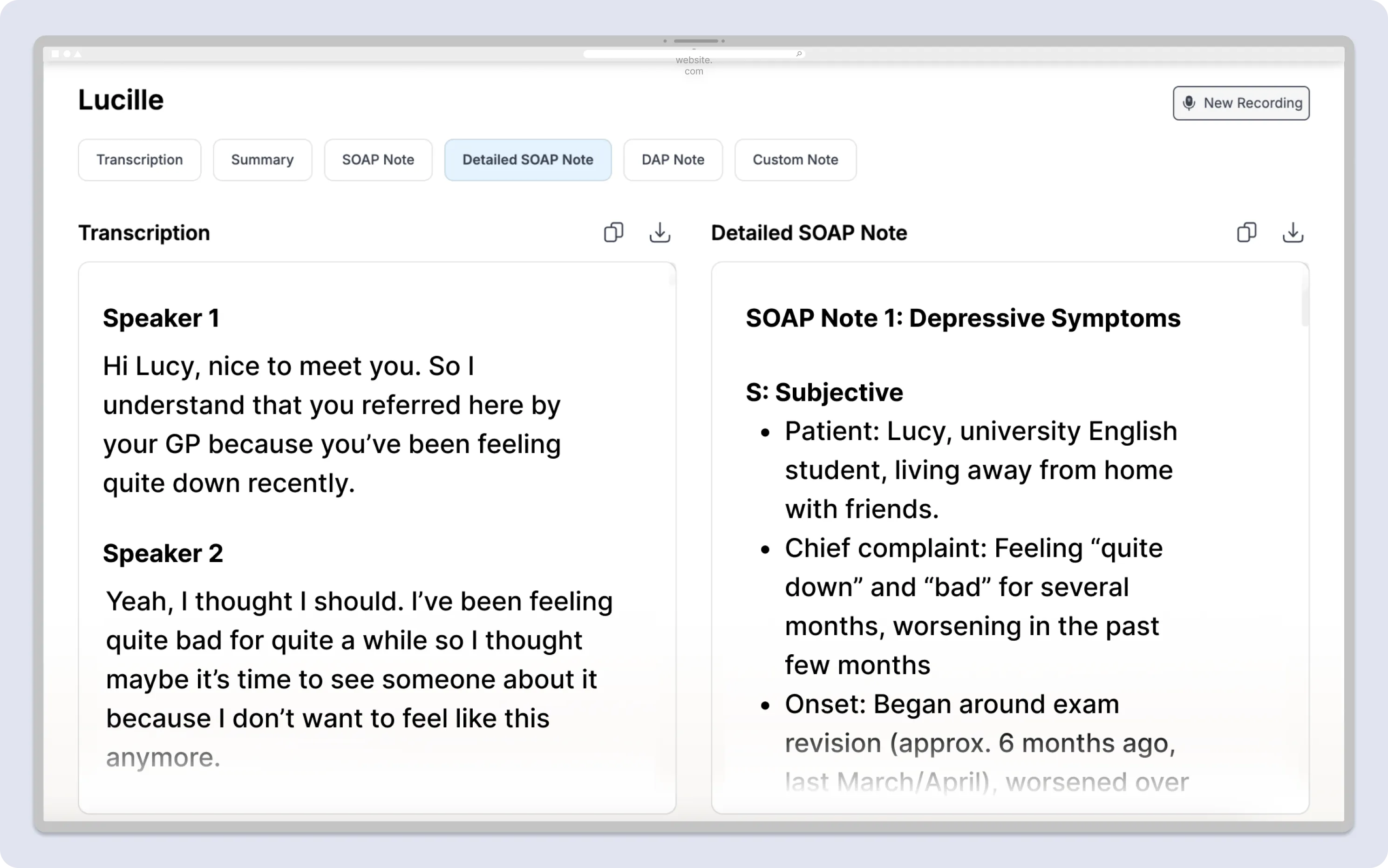 mockup of transcription turned to soap note in desktop