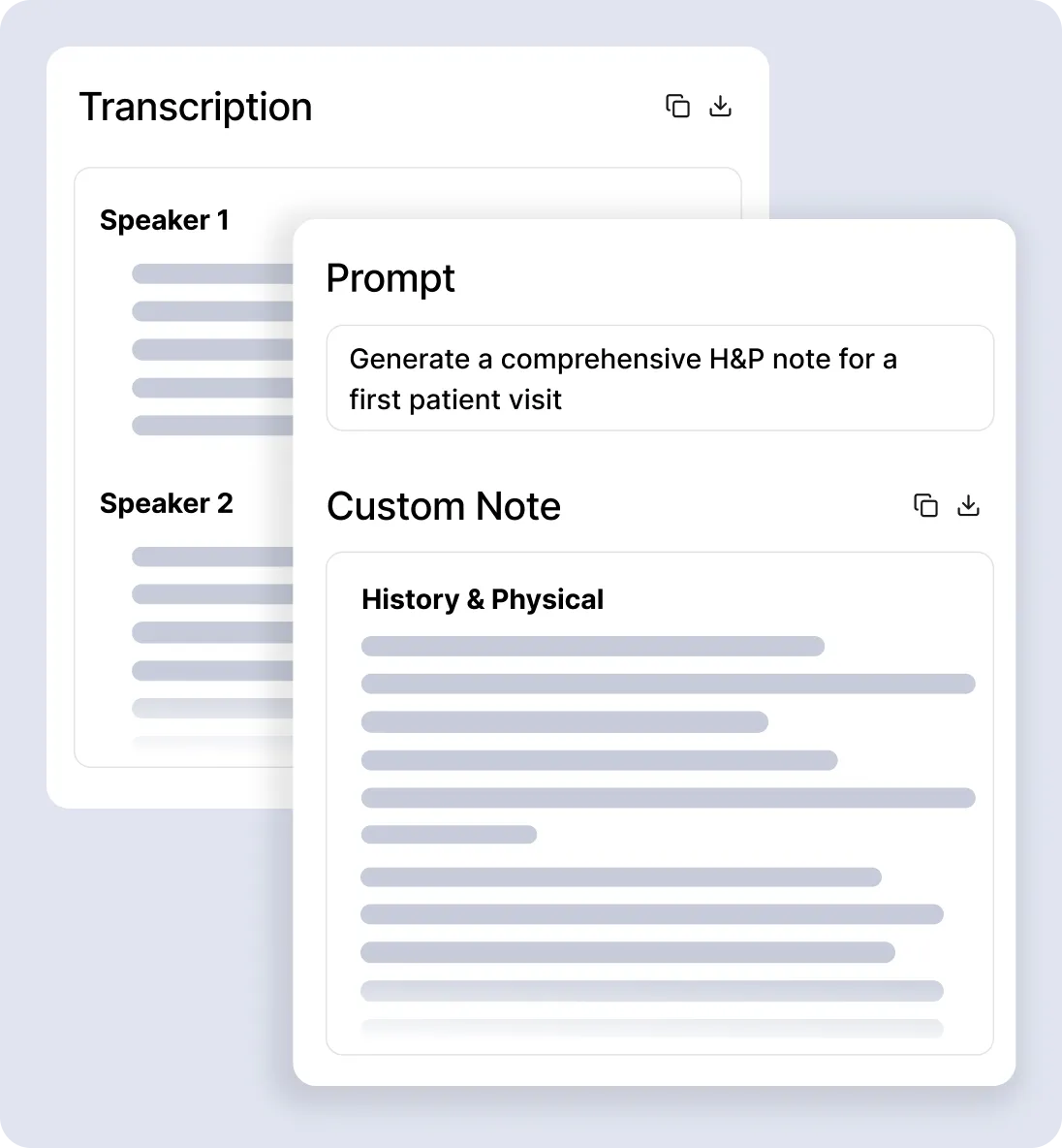 BastionGPT interface showing a CBT for Depression session with transcription dialogue between two speakers and a prompt to generate a comprehensive H&P note, alongside a custom note detailing history and physical with chief complaint of abdominal pain.