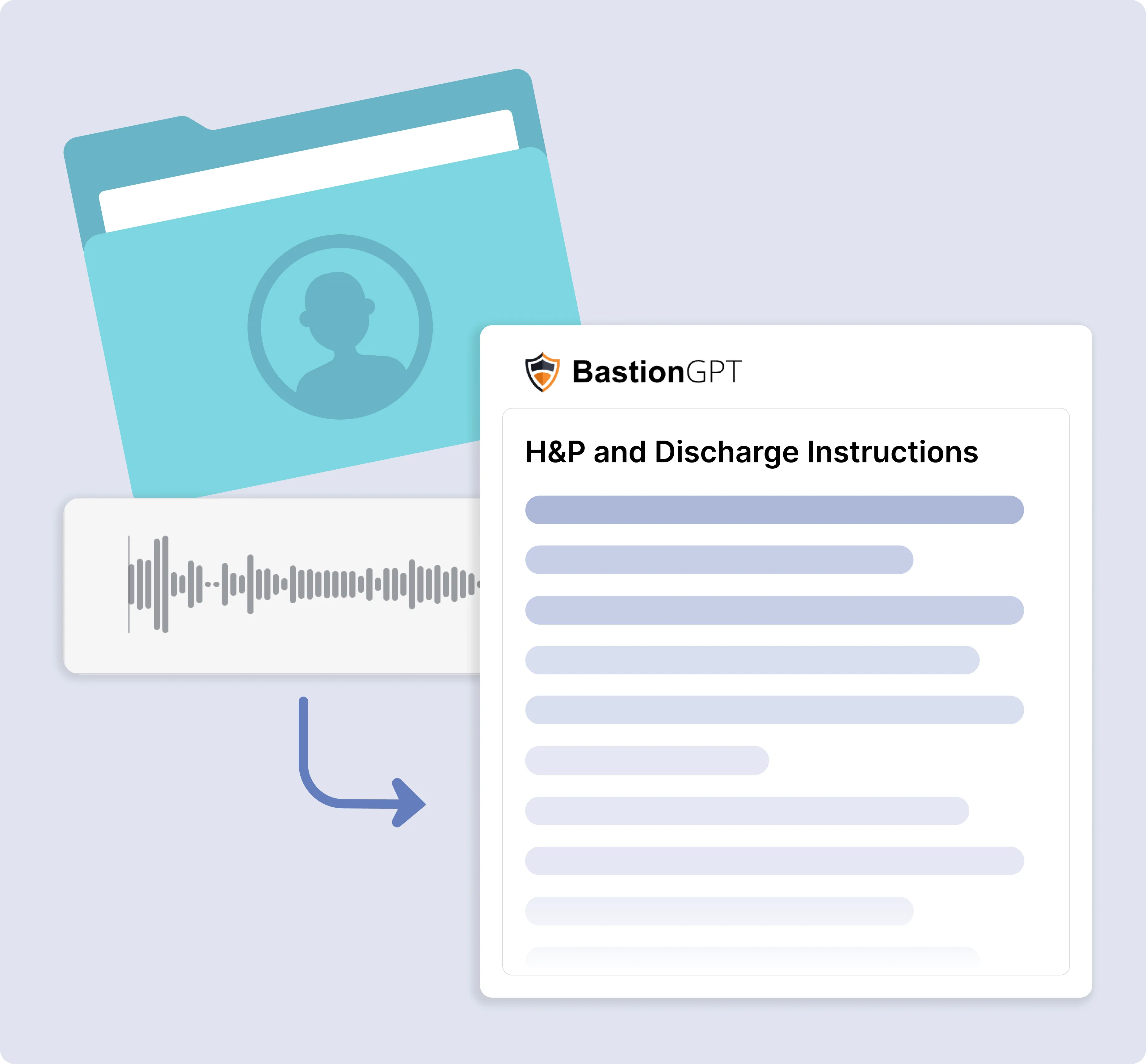 Illustration of a blue medical folder, audio waveform, and a document titled 'H&P and Discharge Instructions' from BastionGPT.