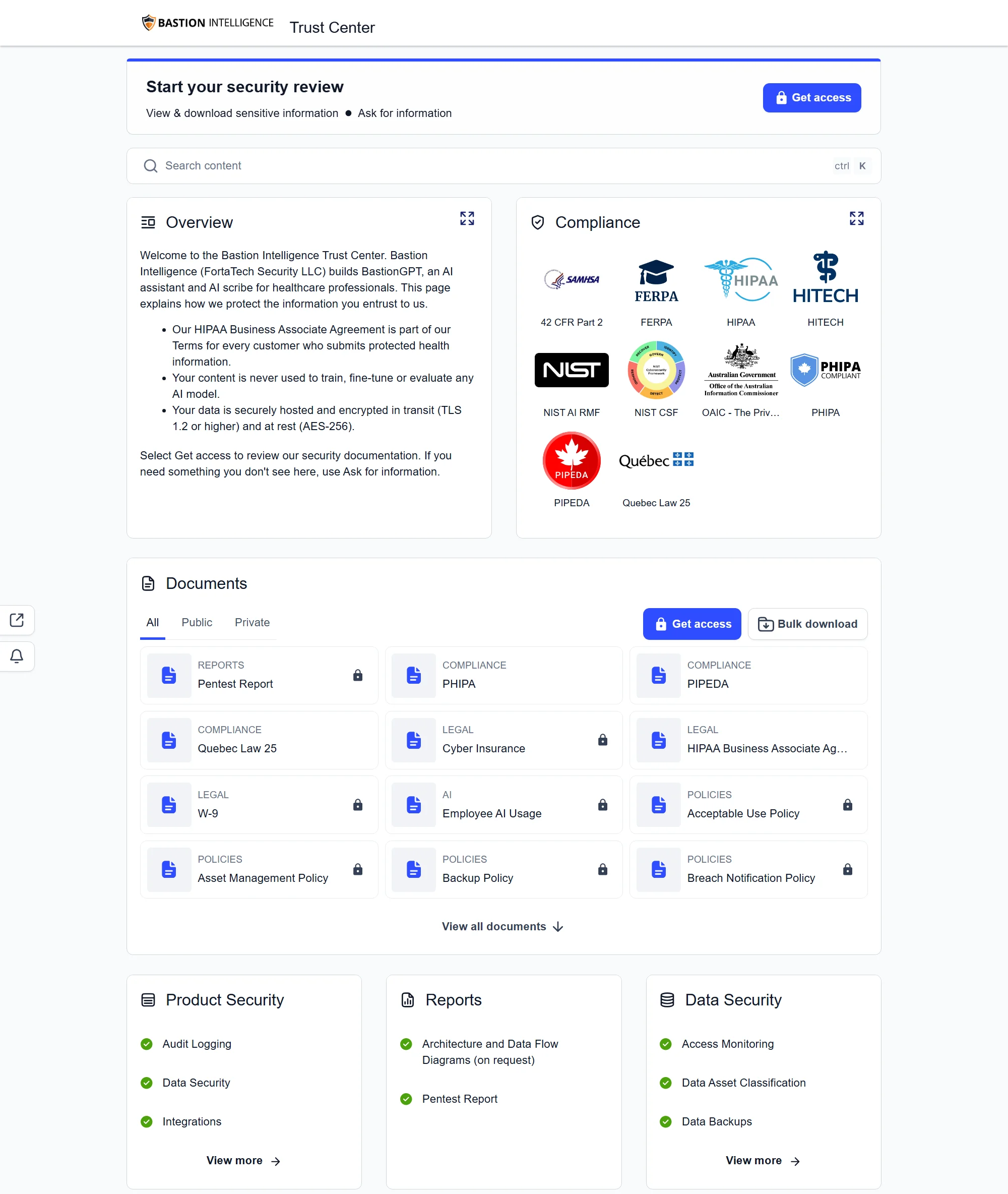 Preview of the Bastion Intelligence Trust Center at trust.bastiongpt.com, showing the overview, compliance frameworks, security documents and control categories.