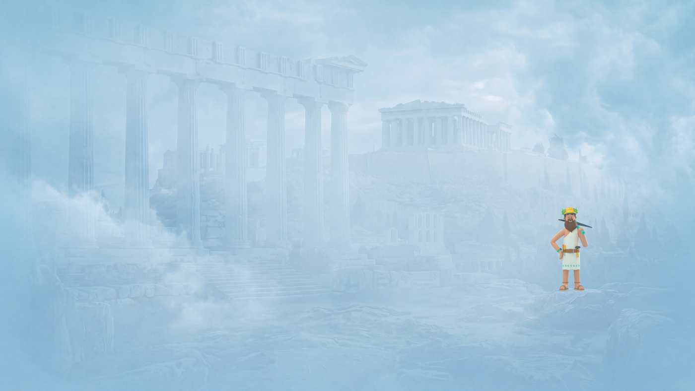 Pythagoras looking pensively in front of ancient greek ruins.