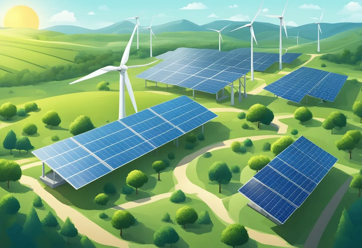 A sunlit landscape with wind turbines and solar panels, surrounded by lush greenery and clear skies