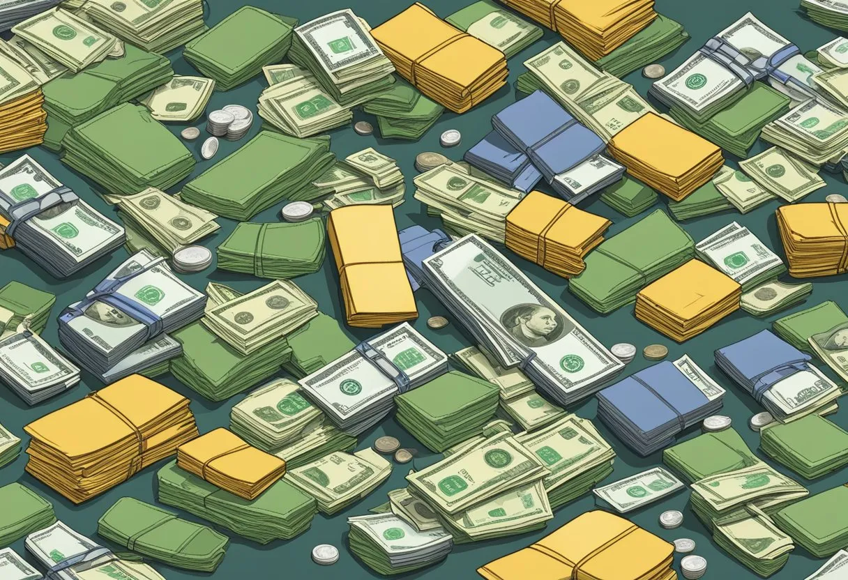 A pile of money diminishing in size, surrounded by various items representing expenses and deductions