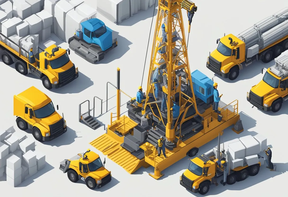 A drilling rig surrounded by equipment and workers, with financial documents and calculators nearby
