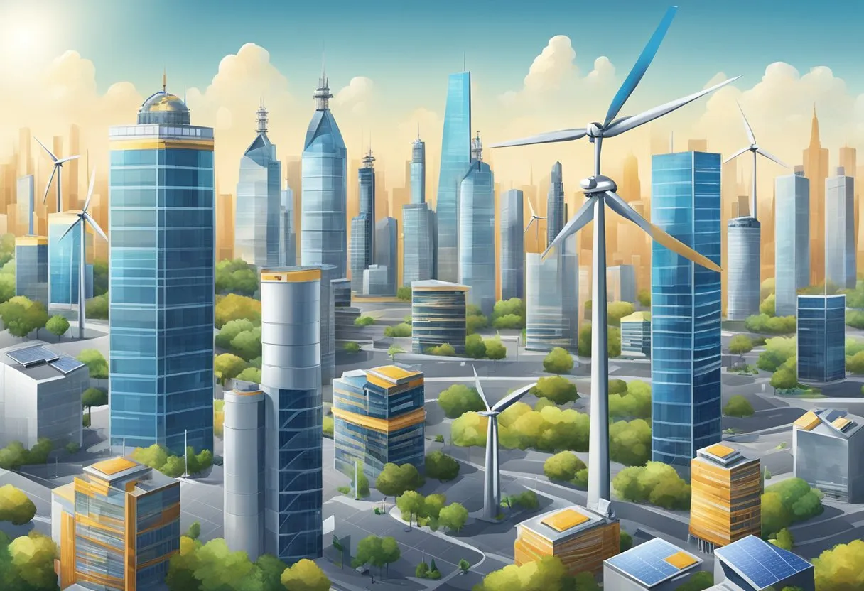 A bustling city skyline with oil company logos on skyscrapers, alongside wind turbines and solar panels