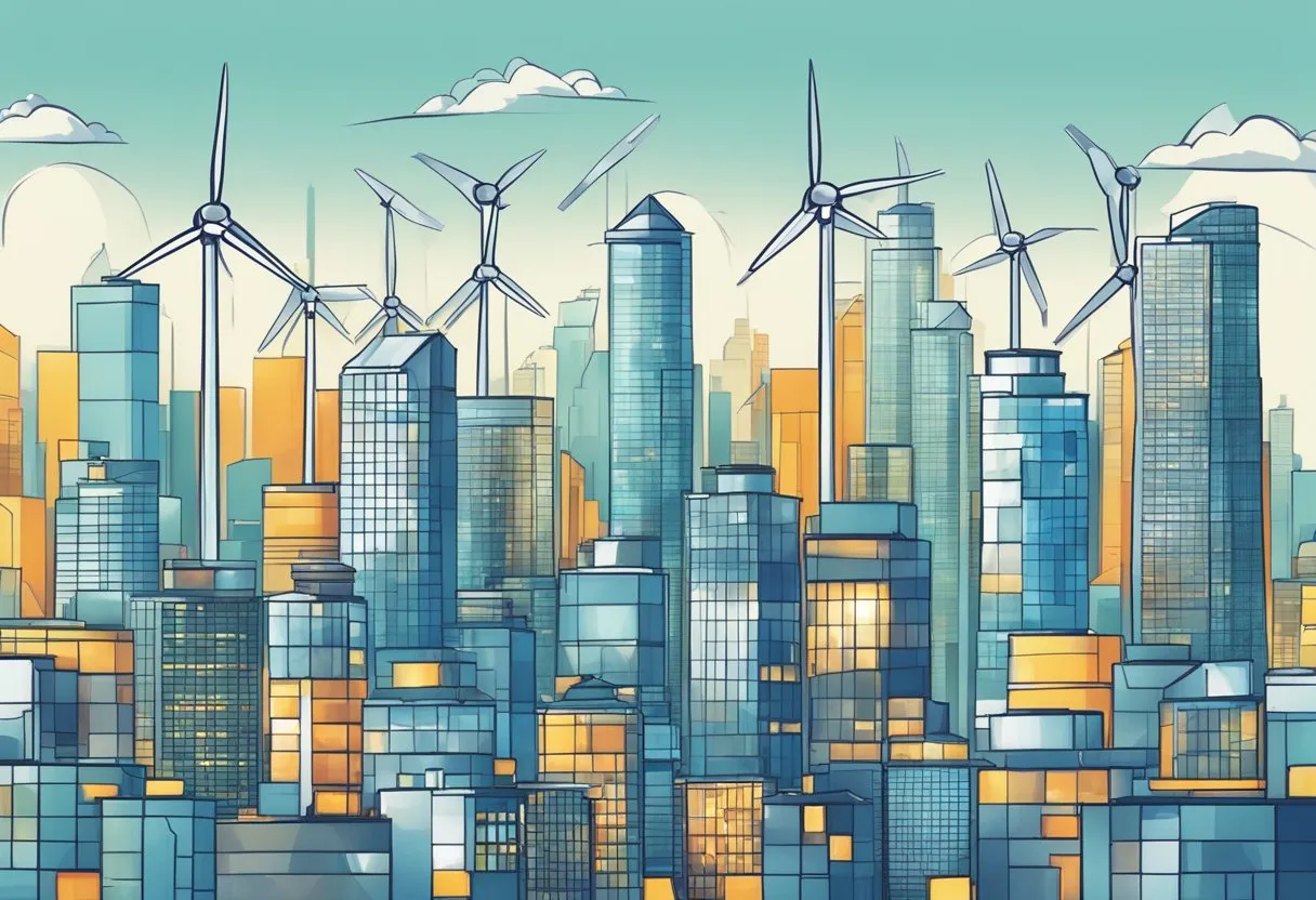 A bustling city skyline with wind turbines and solar panels integrated into the buildings, symbolizing clean energy investment banking
