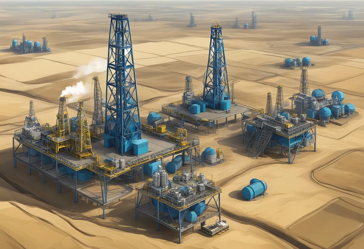 A drilling rig surrounded by oil and gas wells in a vast, open landscape