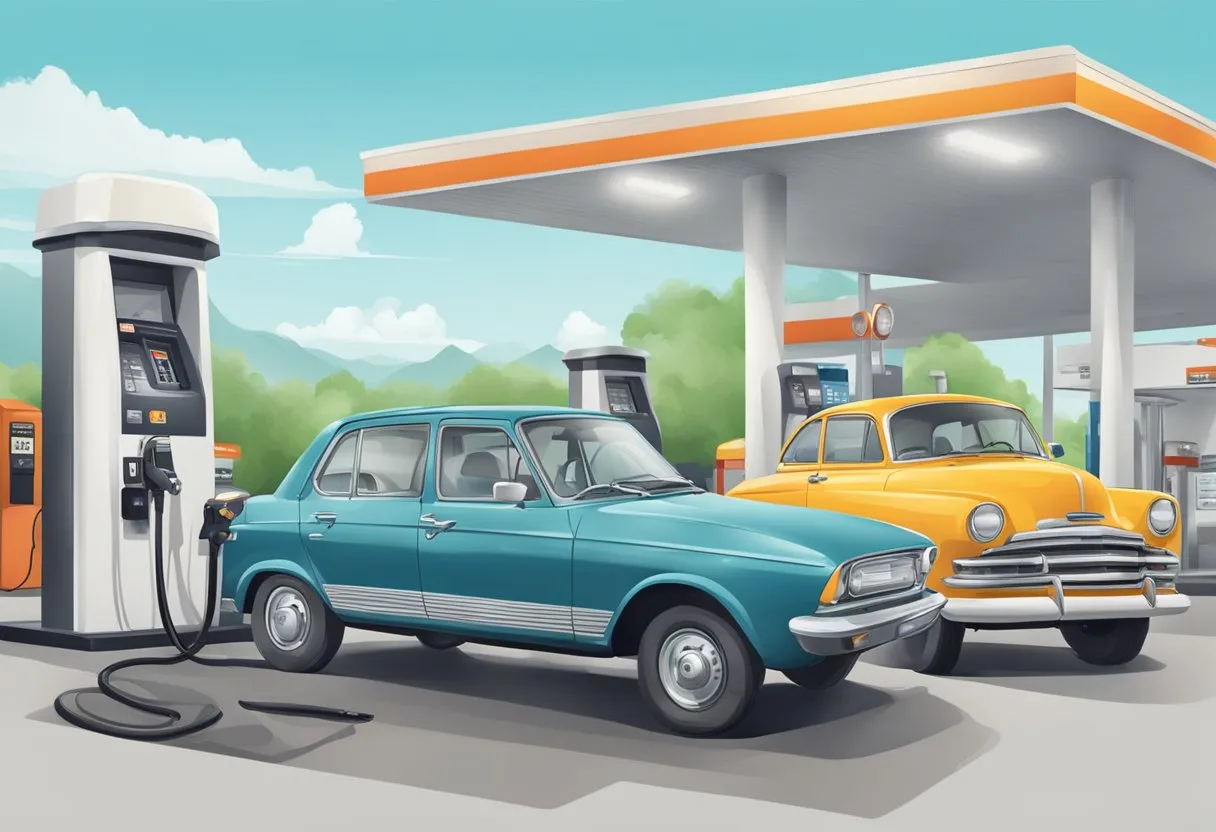A car at a gas station, with the nozzle in the tank and a receipt being printed