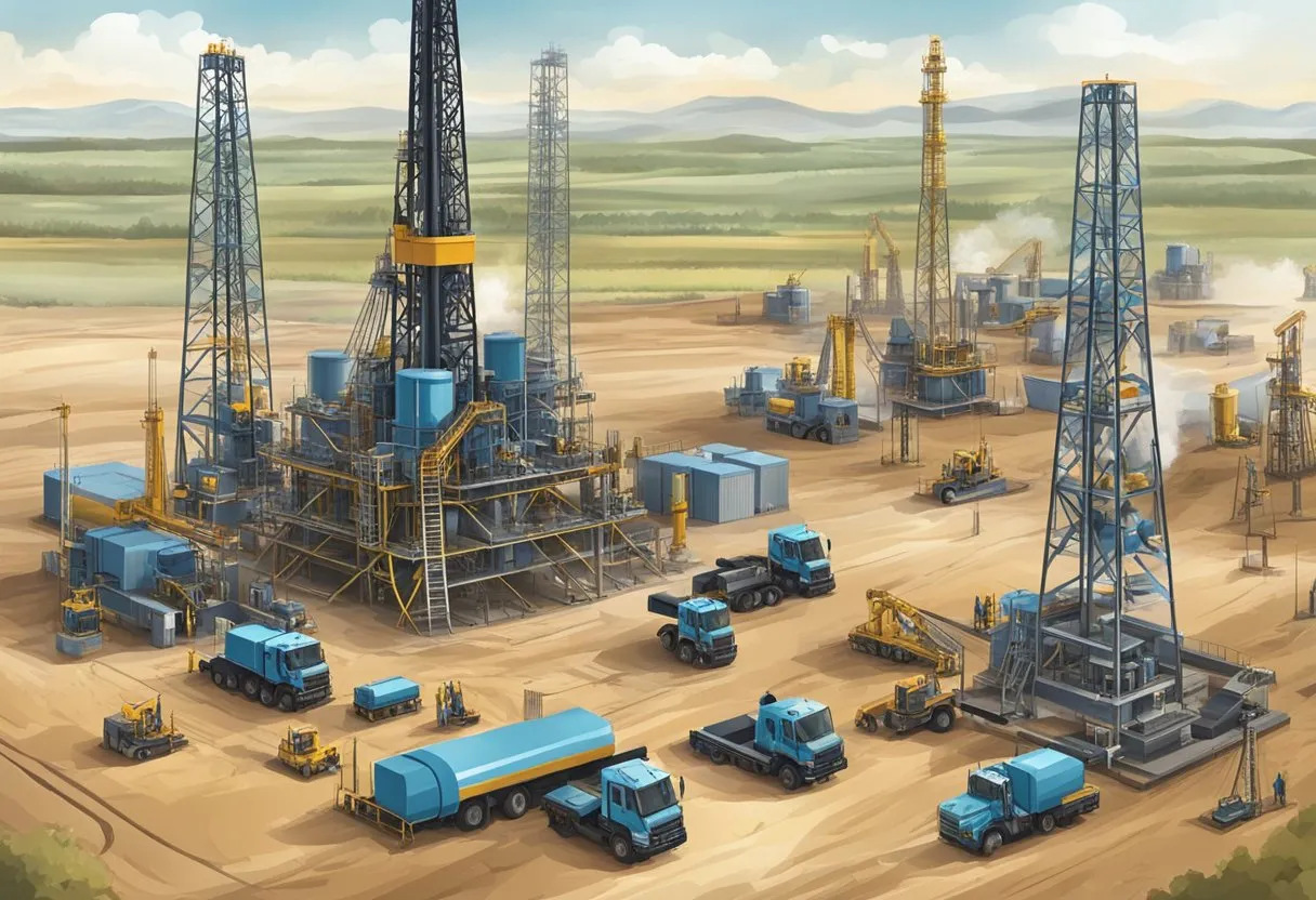 A drilling rig surrounded by oil and gas wells, with workers and machinery in action