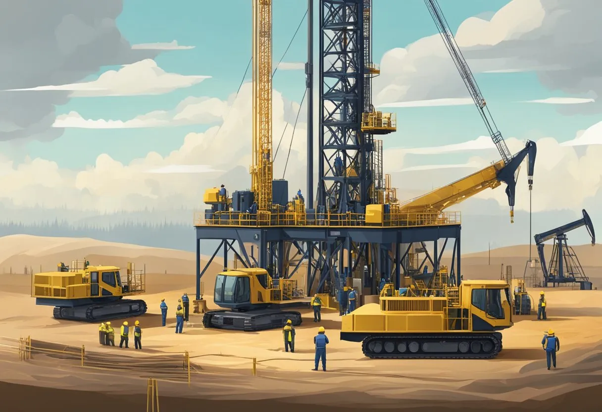 A drilling rig surrounded by workers and equipment in a remote oil and gas field