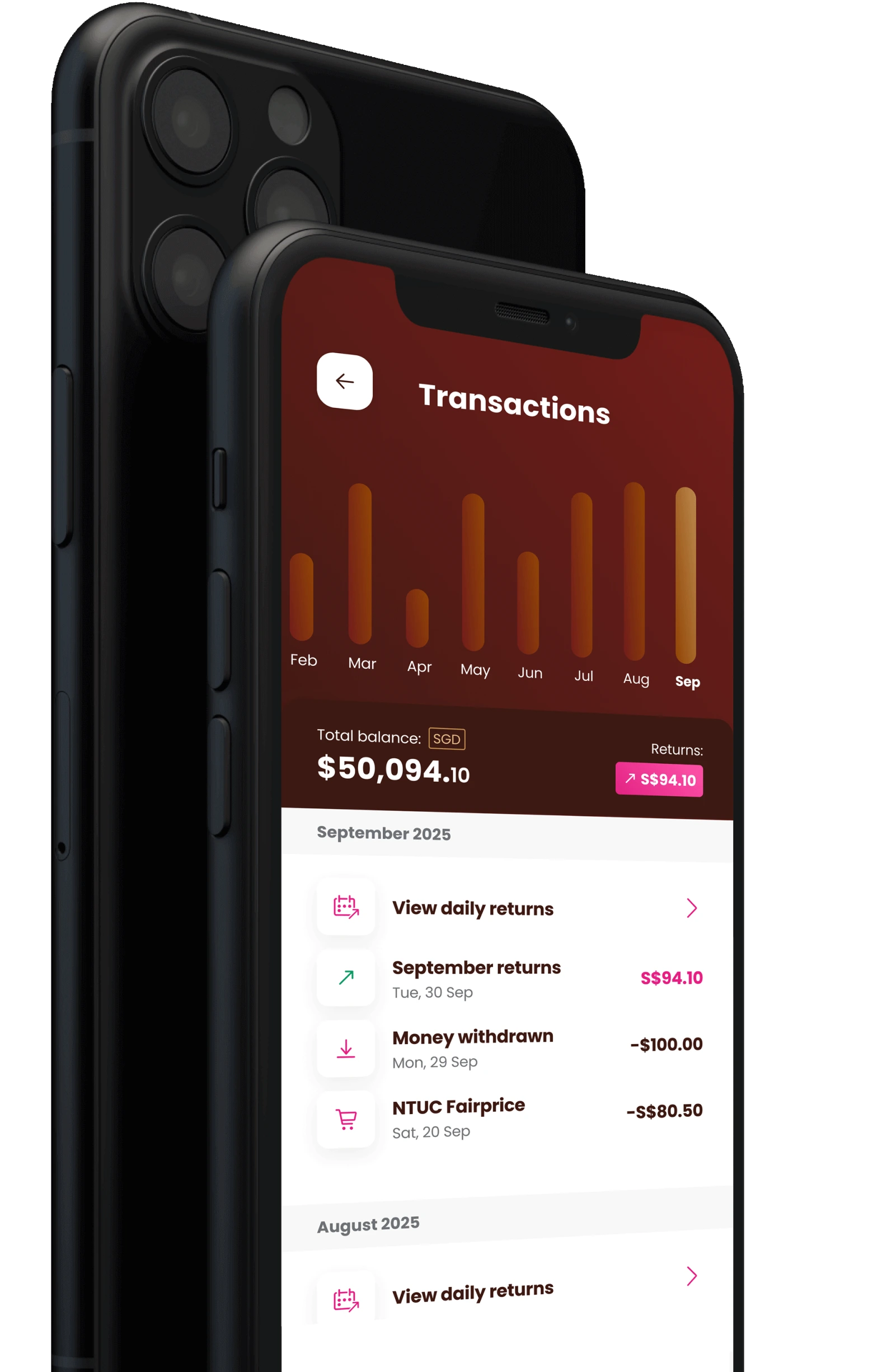 Photo of Chocolate Finance's App in a mobile phone where customers can see their daily returns on their savings.