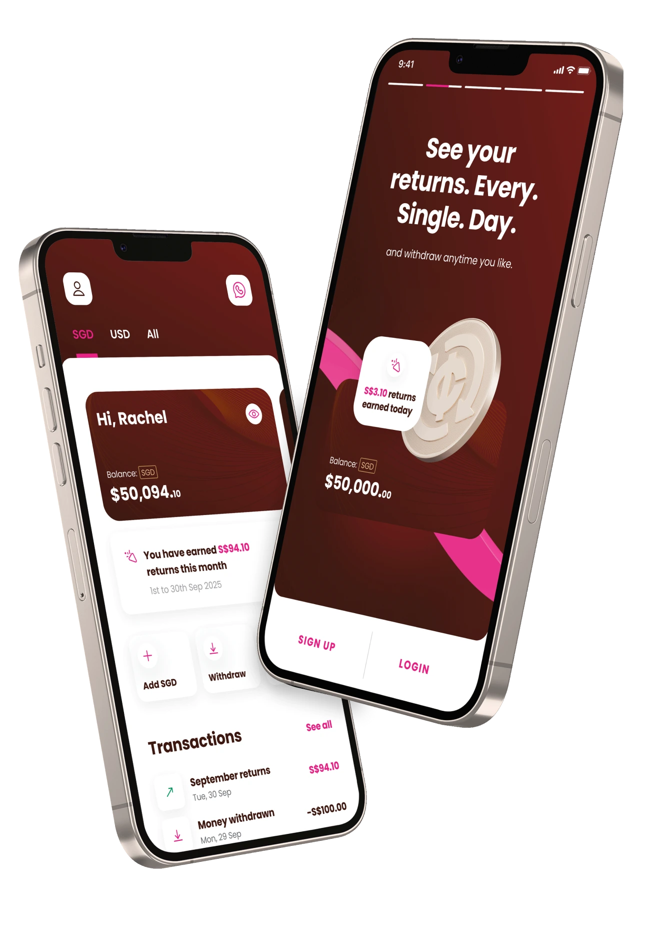 Photo of Chocolate Finance's App in a mobile phone where customers can see their daily returns on their savings.