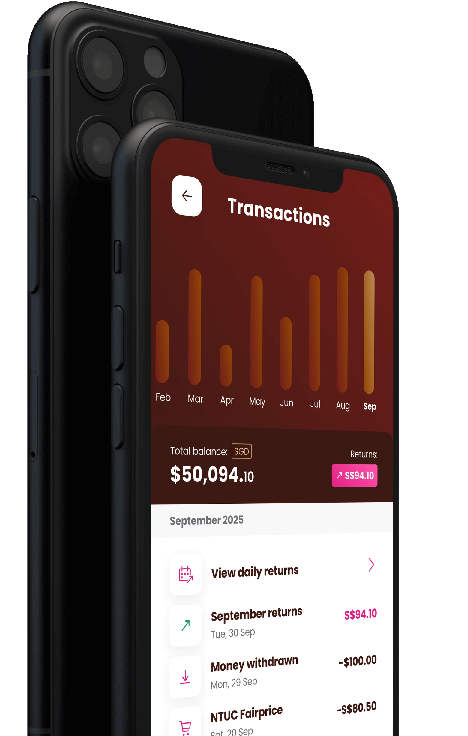 Photo of Chocolate Finance's App in a mobile phone where customers can see their daily returns on their savings.