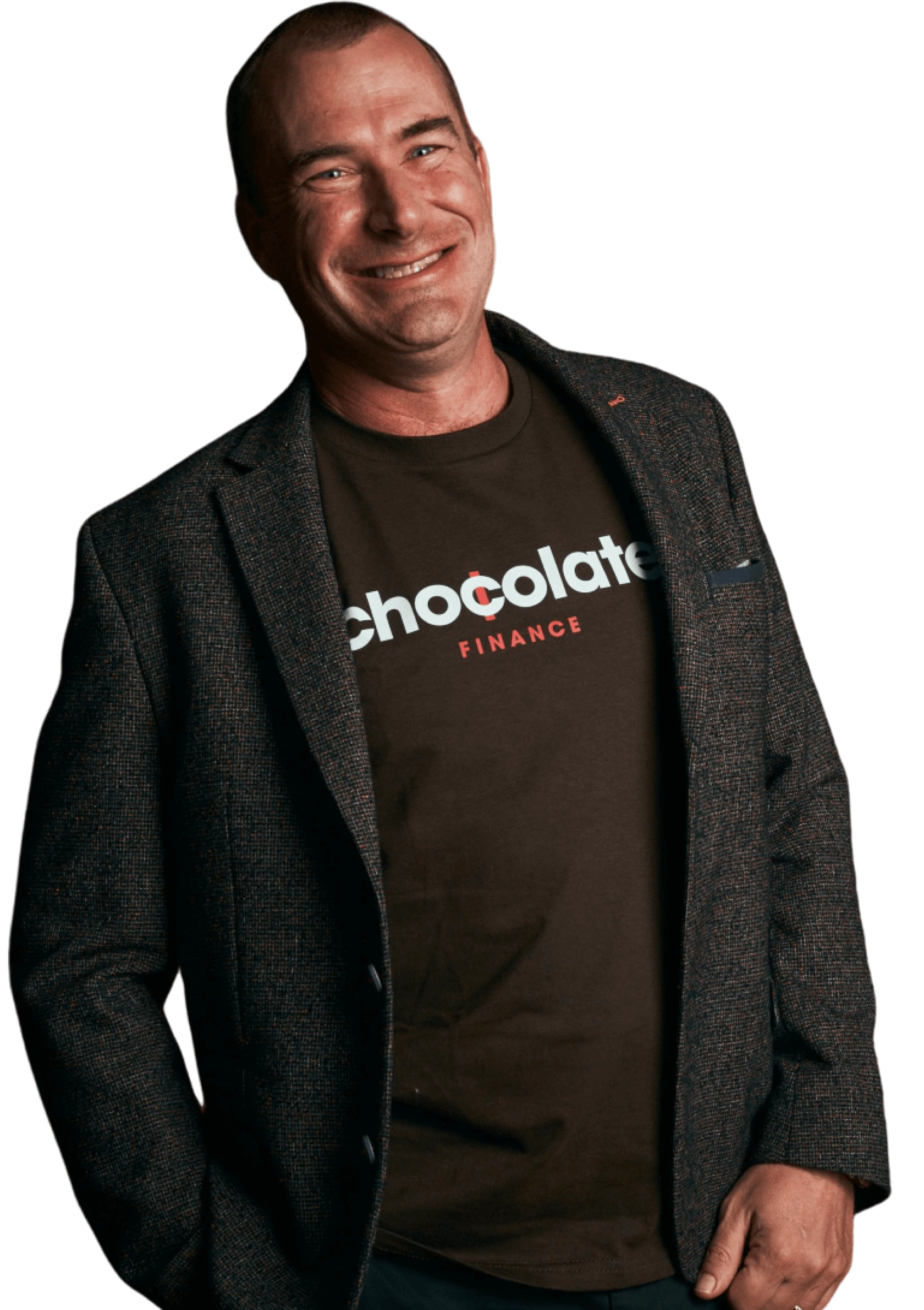 A photo of a man with a t-shirt with Chocolate Finance's logo and smiling due to his savings being simplified.