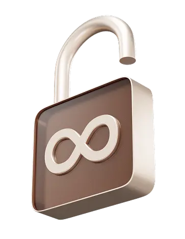 A 3D icon of an open lock with an infinity symbol on it illustrating "no lock-ins". Customers can withdraw their saving at at any time.