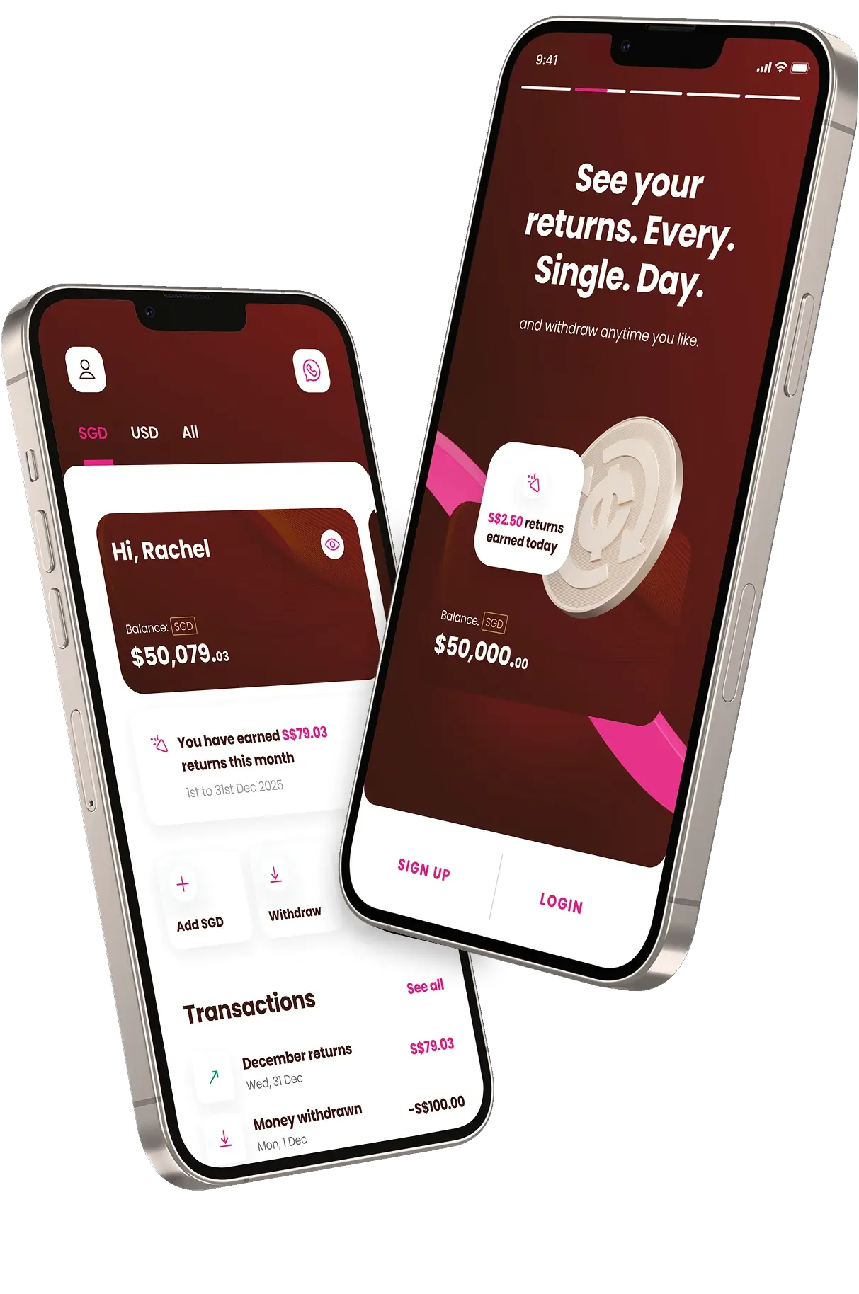 Photo of Chocolate Finance's App in a mobile phone where customers can see their daily returns on their savings.